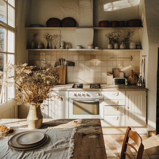 The gentle sizzle of a pan, the soft clink of plates, and the muffled laughter of loved ones creates a comforting domestic atmosphere in the kitchen as a family prepares a meal together on a peaceful sunday afternoon.