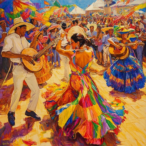 A vibrant latin track with festive rhythms and joyful melodies, evoking the colorful, lively atmosphere of a latin dance celebration, perfect for evoking the spirit of summer and togetherness