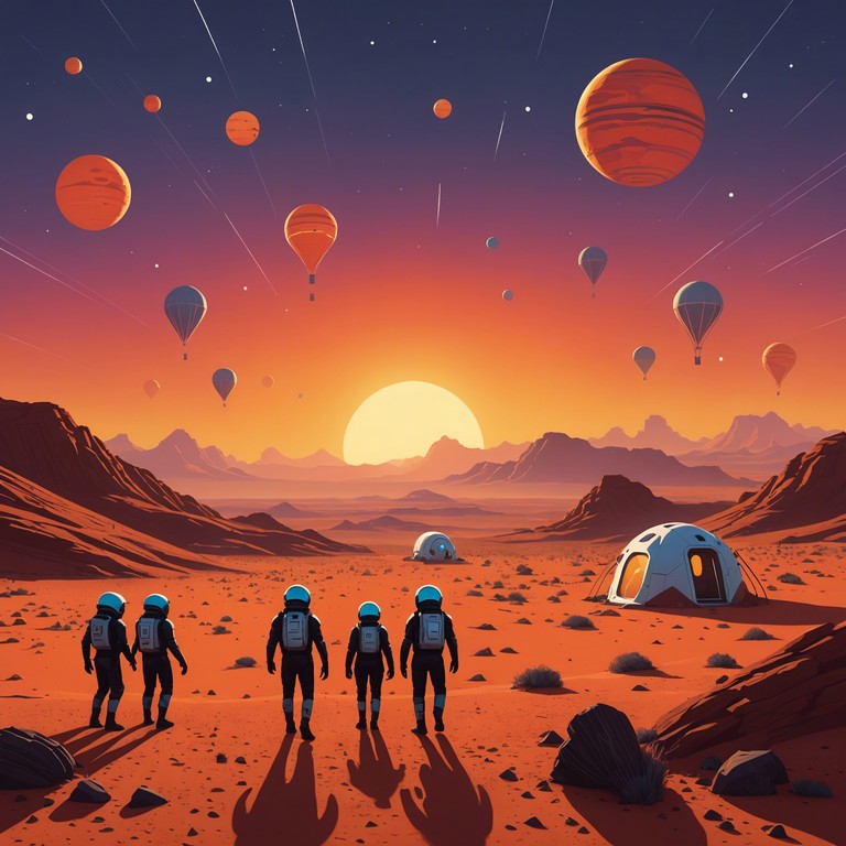 A festive scene on mars with settlers dancing joyously as the first sun rays illuminate the red planet. Their silhouette against the red horizon suggests a new era of hope and adventure.