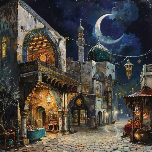 A captivating instrumental piece that transports the listener to a bustling arabian night market, with enchanting melodies played on traditional middle eastern instruments. The music evokes the sights, sounds, and scents of the bazaar, creating a mesmerizing atmosphere.