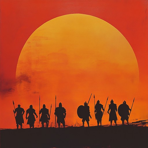 Immerse yourself in a vibrant orchestral score that captures the spirit and valor of a heroic battle at sunrise. The composition evolves from delicate, hopeful melodies to grand, triumphant climaxes, recreating the bravery and intensity of warriors facing their fate. Strings, brass, and percussion sections work harmoniously to present a timeless tale of gallantry and conquest.