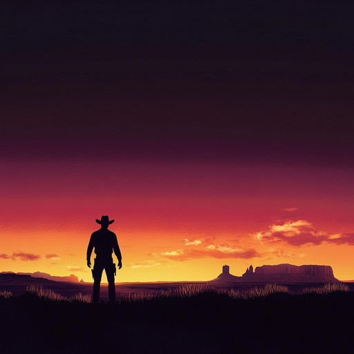 An introspective instrumental piece featuring acoustic guitar, capturing the essence of the western frontier. The melody is driven by gentle strumming and fingerpicking patterns that evoke the image of a lone rider contemplating life at sunset. The composition uses soft dynamics to create a reflective atmosphere, allowing listeners to feel the expansive, serene, and sometimes haunting beauty of the untamed west.