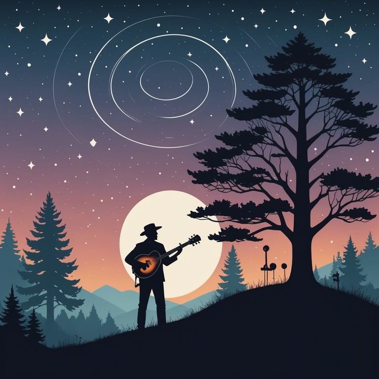 In the heart of a serene appalachian forest, the gentle plucking of a banjo captures the spirit of a quiet, starry night, evoking feelings of solitude and connection with nature.