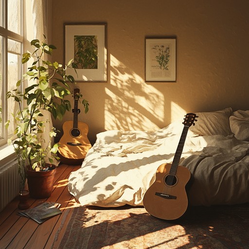 This gentle and soothing track with warm, relaxing melodies creates a perfect atmosphere for lounging in a sun drenched bedroom, evoking carefree and cozy feelings