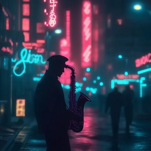 An instrumental piece featuring a soulful saxophone playing over a synthwave backdrop, merging the nostalgic feel of jazz with retro futuristic vibes, evoking late night city romance under neon lights.