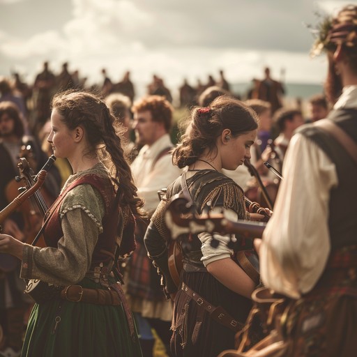 A spirited traditional celtic festival anthem filled with infectious dance rhythms, driving beats, and vibrant folk melodies, creating an atmosphere of joy and excitement.