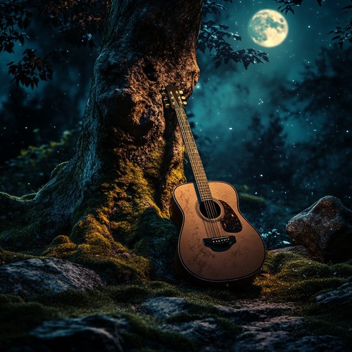 A calming instrumental piece featuring acoustic guitar and subtle ambient sounds, transporting the listener to a tranquil forest filled with ancient trees, creating a soothing and mystical atmosphere