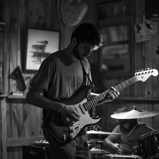 Energetic blues rock instrumental featuring wailing electric guitar riffs, a driving bass line, and steady drum beat. The lead guitar takes center stage with soulful, improvised solos while the rhythm section keeps a tight, unwavering groove. Occasional hammond organ swells add an extra layer of depth and texture. This track captures the raw, unbridled spirit of a late night jam session at a smoky, whiskey-soaked roadhouse bar