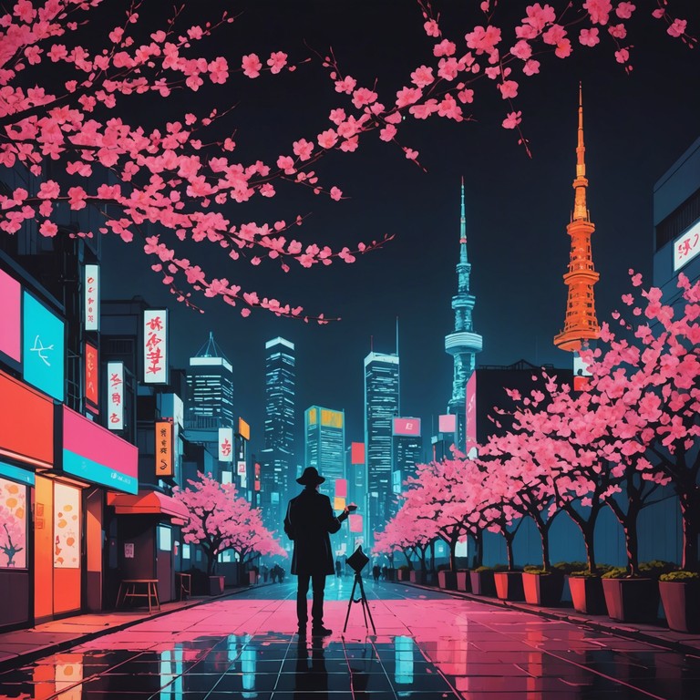 A vibrant j pop track blending modern electronic beats with the timeless sounds of the shamisen, creating an exhilarating backdrop for an imaginary spring festival under blooming cherry blossoms.