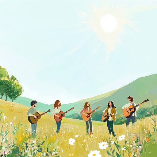 A heartwarming, upbeat tune featuring lively banjo picking, harmonic overtones, and rhythmic guitar strumming, capturing the joy and freedom of traveling through sunlit fields and open skies
