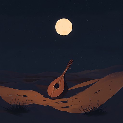 Envision an expanse of desert under a starlit sky, filled with a symphonic blend of global instruments. The echoing strum of an oud introduces a melodic air, entwined with the sounds of darbuka and tambourine that create a soothing yet intricate rhythm. The addition of a bamboo flute accents the piece with gentle, airy notes, while violin strings weave nostalgic melodies. The composition swells into a captivating harmony, encapsulating the serene yet mystical essence of a moonlit desert night.