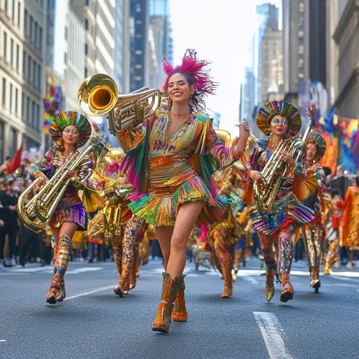 A rousing show tune with vibrant brass and syncopated rhythms, evoking spectacular celebrations along new york's iconic broadway, bursting with victorious jubilation