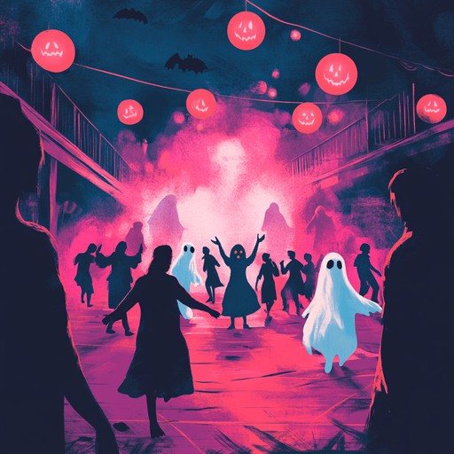 Imagine a halloween party taken over by spirits, where ethereal entities are caught in the groove of funk music, turning a night of fright into a playful dance fest.