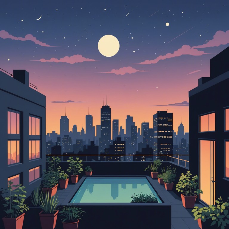 Visualize standing on a high rooftop overlooking a sprawling city bathed in the gentle glow of streetlights, with a slow, pulse like beat resonating from below, blending with whispered breezes and distant voices to create a tapestry of nocturnal peace