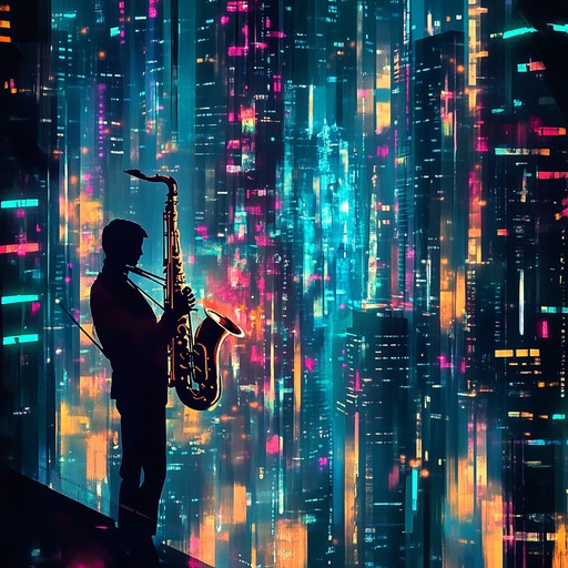 Immerse yourself in a futuristic soundscape where smooth jazz melodies intertwine with pulsating house beats. The track features cybernetic rhythms, blending soulful saxophone riffs with electronic synths and deep basslines, creating an atmospheric journey through a neon lit metropolis.