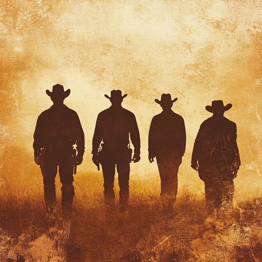 Intense melodies of anger and confrontation in an old west setting, capturing a dramatic showdown among rugged cowboys with steely glares, determined to resolve their disputes without words. The music is heavy with tension, driving rhythms, and gritty textures, transporting listeners to a sun scorched desert landscape.