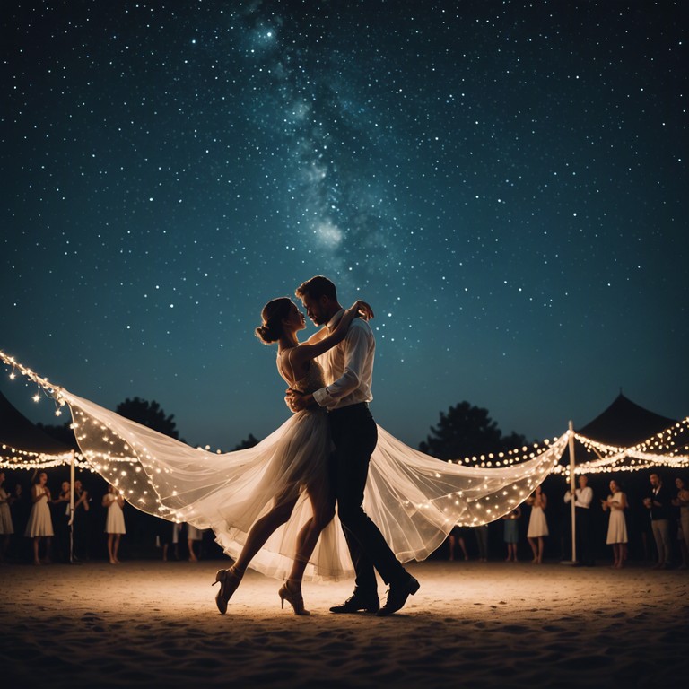 Guests waltz under the starry sky as ethereal sounds blend with lively polka beats, creating a delicate fusion that dances between reality and dream, inviting listeners to step into a world where classical music meets the whispering night.