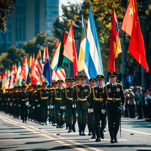 An instrumental march that evokes the triumph and excitement of a military victory parade. Uplifting melodies are driven by precise snare drums, soaring brass sections, and festive woodwinds, bringing an air of celebration and patriotic pride. Perfect for commemorating victories and celebrating national pride.