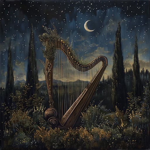 An enchanted journey of celestial dreams, where distant galaxies whisper softly through a tapestry of delicate harp strings, enveloping you in a warm, sensual embrace under the glow of the moonlight