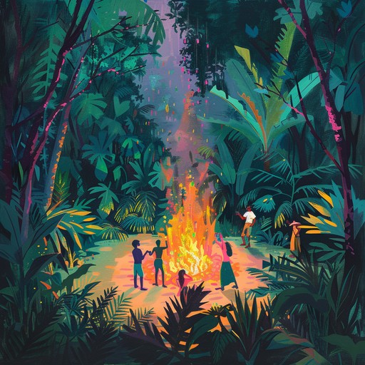 Experience the energetic rhythms of the jungle combined with playful tribal beats. This track features an array of traditional percussion instruments creating a lively, danceable atmosphere. Imagine yourself dancing around a bonfire in a vibrant jungle, as the music immerses you in the natural sounds and rhythmic pulses of a tribal celebration.