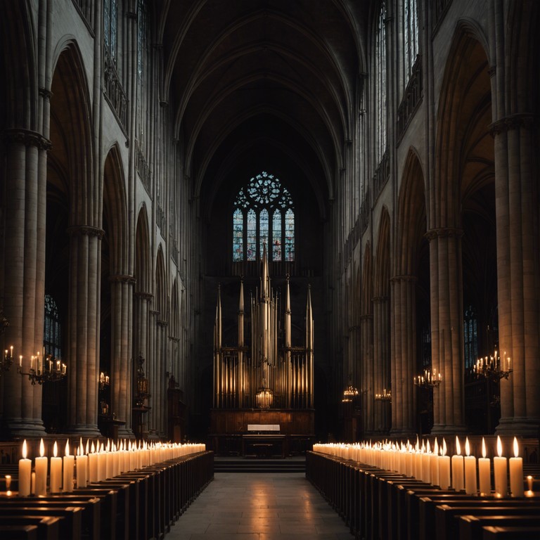 In a dimly lit cathedral, an organ bellows deep, resonant tones that weave through the shadows cast by the flickering candlelight, creating an ambiance of mystery and suspense. The composition flirts with bold gothic themes, evolving into a complex tapestry of sound that echoes tales of the ancient and mystical.