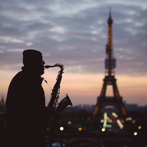 Drifting through a tranquil parisian night, a saxophone plays soft, seductive tunes that echo off the cobblestone streets, creating an atmosphere of elegance and allure perfect for lovers strolling hand in hand.