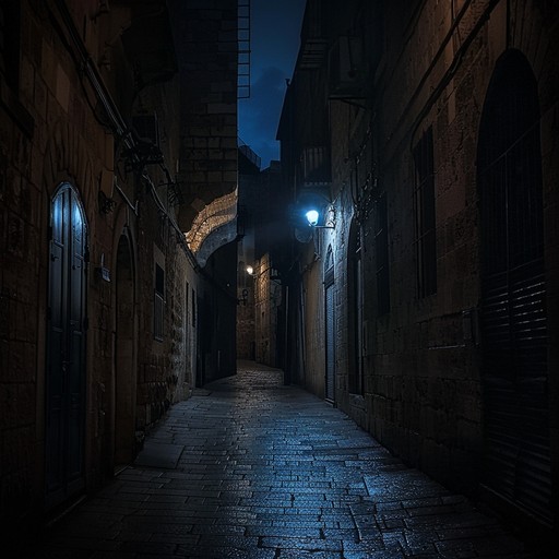 A deep, emotive landscape of traditional jewish klezmer music, deeply entrenched in dark, brooding tones, weaving tales of sorrow and longing under the moonlit skies of jerusalem. The clarinet leads the charge, delivering haunting, complex melodies that intertwine with the somber sounds of the violin, evoking a rich tapestry of historical and cultural depth.