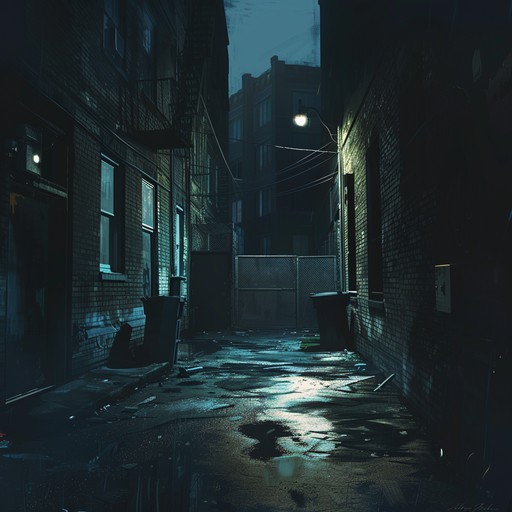 A powerful instrumental grime song reverberates through the dark alleys of the city, with deep bass and intense rhythms creating a pulsating and menacing atmosphere.