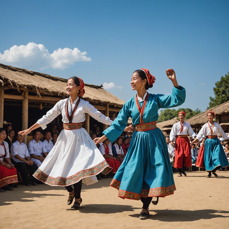Imagine yourself dancing through the colorful streets of a colombian village during a local festival. The music features traditional cumbia rhythms played on the accordion, complemented by percussion and joyful cheers from the crowd.