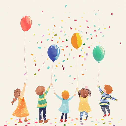 An energetic, playful melody with whimsical xylophones and flutes celebrating children's laughter and joyful companionship in a colorful parade atmosphere.