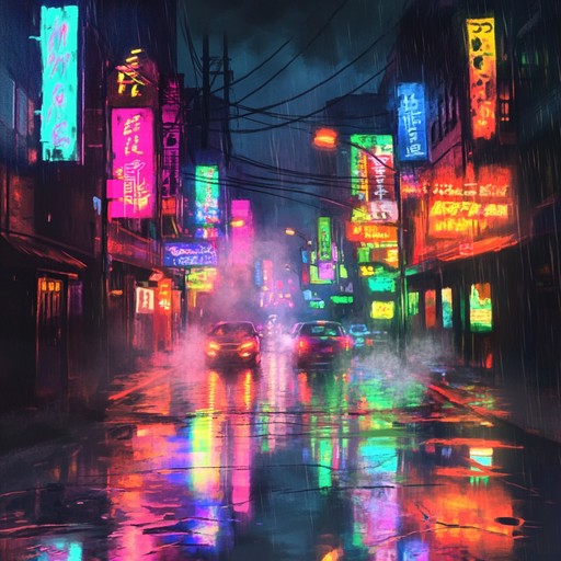 Imagine a late night walk through a rain soaked city, where streetlights create halos in the mist and each drop reflects a multicolored neon glow. Soft, muffled lo fi beats accompany your solitary journey, infusing a sense of urban solitude.