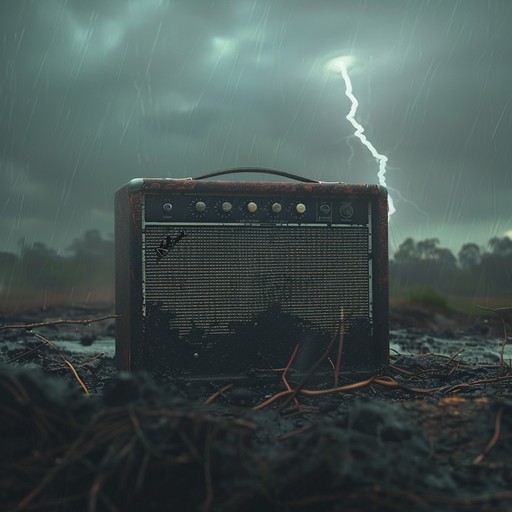 Heavy electric guitar riffs collide with pulsating electronic beats, creating a frenzied, chaotic experience, symbolizing an unyielding battle of sound and fury.