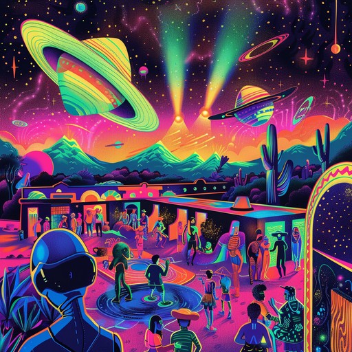 Imagine a cosmic cumbia track where alien like synthesizer sounds meld with traditional colombian cumbia rhythms, creating a bridge between the earthly and the extraterrestrial. This piece captures the essence of an interstellar fiesta, where every beat is punctuated with otherworldly echoes, giving the listener a sense of dancing among the stars.