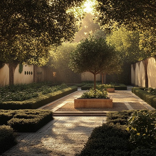 Immerse in an elegant celebration of serenity and beauty, as classical violins and ethereal harmonics intertwine, embodying the grace of a renaissance garden walk at dawn, perfect for moments of reflection and peaceful introspection.