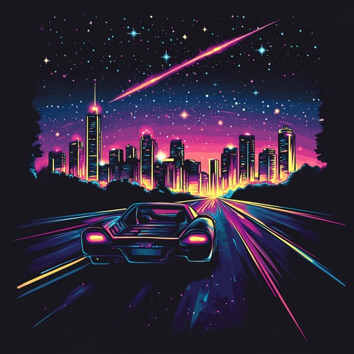 An instrumental upbeat synthwave track that transports listeners into a vibrant world of shimmering synths and driving rhythms, evoking the feel of cruising through neon lit cityscapes on a joyful night.