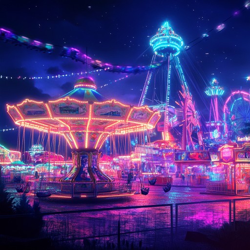 A vibrant instrumental edm piece featuring energetic synths and playful melodies that transport listeners to a whimsical neon lit fairground full of excitement and wonder.