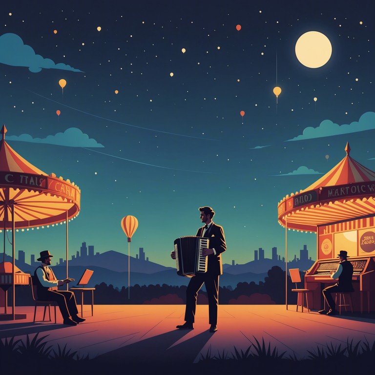 Picture yourself strolling through a tranquil carnival landscape as the sun sets, with gentle tunes playing on an accordion, providing a comforting backdrop to the evening's soft festivities.