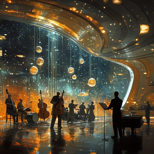 Imagine a 1950s swing band transported to an intergalactic lounge, infusing the classic big band sound with ethereal, space age elements. This instrumental piece features soaring saxophones, swinging rhythms, and otherworldly synthesizer flourishes, creating a nostalgic yet futuristic vibe perfect for an alien dance floor.