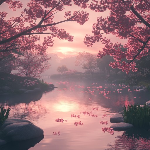 An ethereal composition that reflects the quiet beauty of early morning as cherry blossoms gently drift to the ground in a serene landscape.