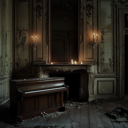 This haunting instrumental features a deeply melancholic piano solo that reverberates through empty halls. The composition builds a foreboding atmosphere with lingering notes and chilling arpeggios that draw listeners into its ghostly embrace. Subtle crescendos and decrescendos simulate the sensation of spirits moving silently through a desolate chamber, leaving an unsettling yet captivating feeling.