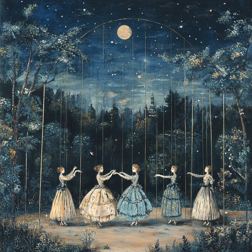 A light hearted neoclassical instrumental featuring violins and strings, depicting enchanted puppets waltzing gracefully beneath the twinkling stars. The composition combines playful melodies and romantic harmonies to create an atmosphere of wonder and whimsy.