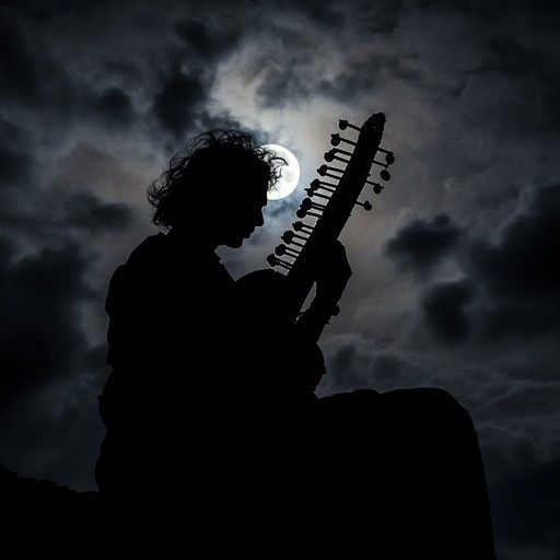 An instrumental composition featuring the sitar, creating an ominous atmosphere with dark, haunting melodies inspired by the depths of hindustani classical music.