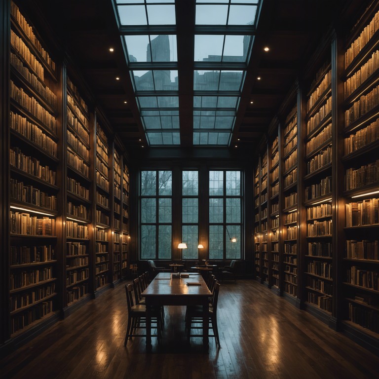 Imagine a vast, ancient library filled with endless rows of books under the gentle patter of a soft, persistent rain outside. Each note resonates like a whisper between the shelves, carrying secrets of old. The music evokes the solitude of a timeless space, blending echoes of the past with the gentle rumble of raindrops, crafting a perfect backdrop for contemplation or quiet study.