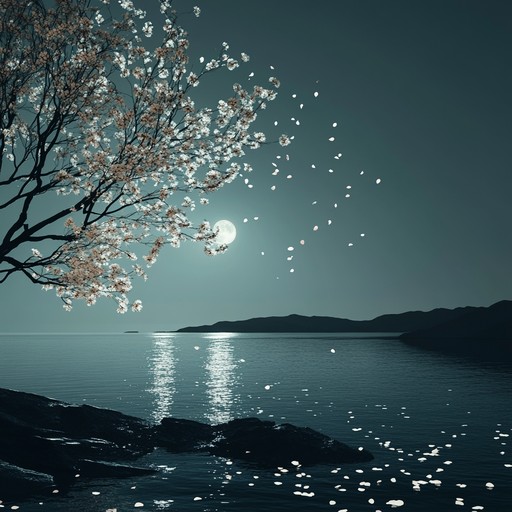 A soothing instrumental j pop song that captures the tranquility of a moonlit night under cherry blossom trees, blending gentle melodies with soft harmonies to create a serene atmosphere.