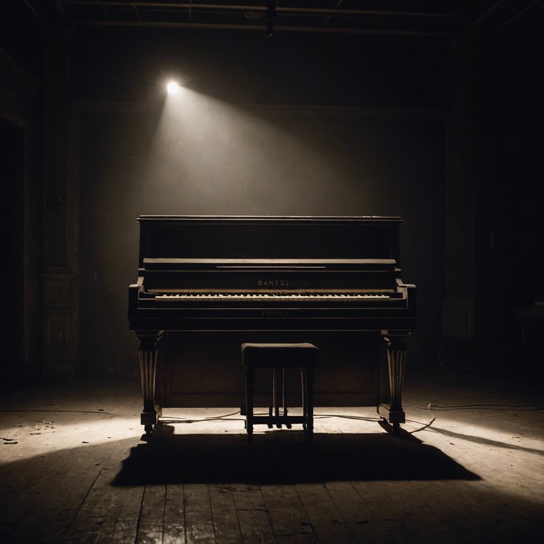 A once opulent cabaret hall, now succumbed to time and dust, whispering tales of past grandeur and supernatural visitations. The piano plays on, a lonely sentinel amidst the decay, its keys touched by invisible hands.