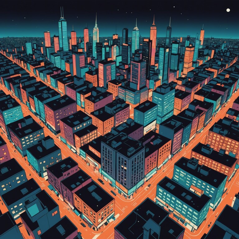 Imagine drifting through a sprawling, glowing metropolis, where the ambient sounds of the city blend with a vibrant electronica soundscape, creating a soundtrack for nocturnal wanderers.