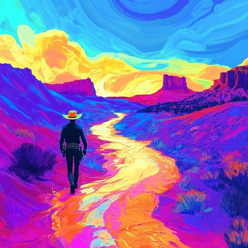 Colorful rhythms combine with trippy sounds to craft a vivid western journey across a dreamlike desert landscape. Using electric guitar riffs and hypnotic beats, it evokes the surreal and vibrant feel of a cowboy's adventure.