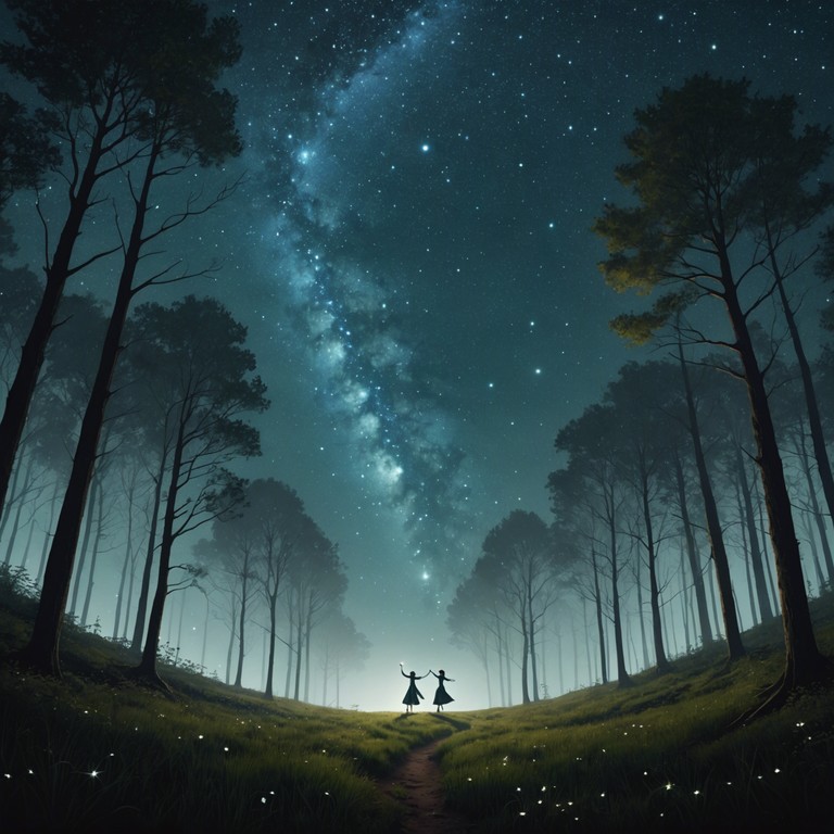 As night falls on the lush woodland, mythical creatures emerge to partake in a spirited, whimsical waltz under the twinkling stars. The melody flutters like the wings of forest fairies, creating an atmosphere of delight and wonder.