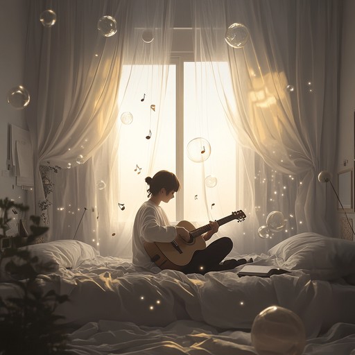 A light and airy instrumental piece featuring soft acoustic guitar and mellow synths, evoking the cozy and playful atmosphere of enjoying carefree moments in the comfort of one's own bedroom. The track encapsulates the essence of simple joys, daydreaming, and the warmth of home.