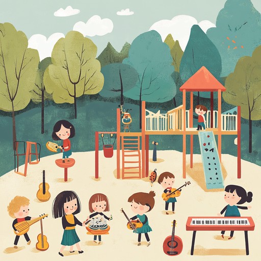 Capture the essence of a sunny playground where laughter and joy abound, transformed into a cheerful jazz piece with upbeat piano melodies and infectious rhythms that invoke a sense of playful freedom